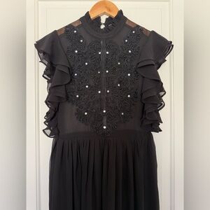 Manoush Black Ruffle Embroidered Maxi Dress Gown Sheer Mirror Detail Size 2